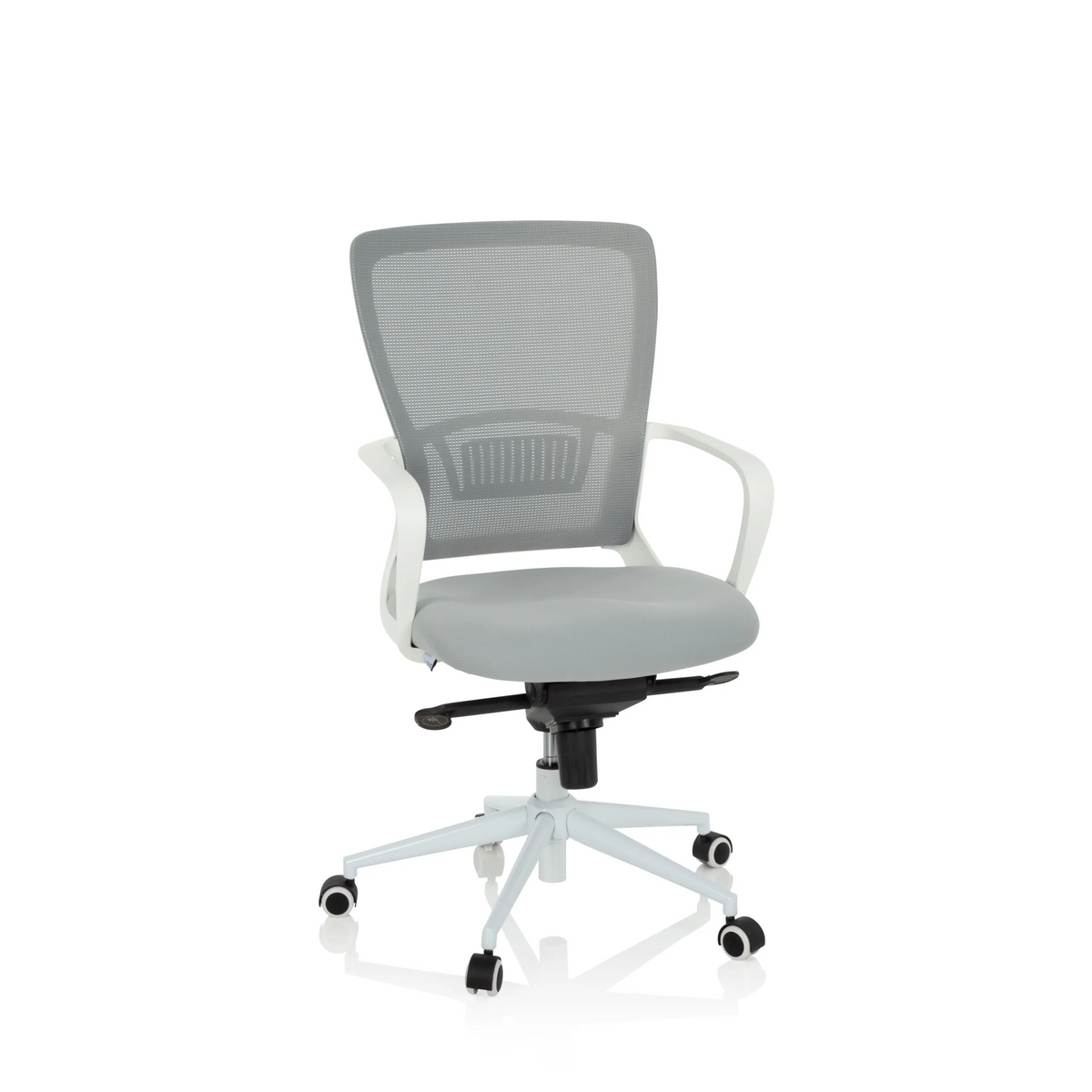 Grå Home Office kontorsstol ESTRIA med nätrygg och femhjulig stjärnfot från hjh OFFICE – 360-gradersvy (framifrån 20°)