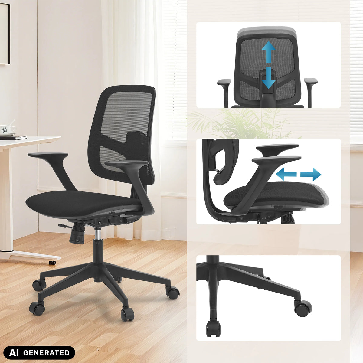 Home Office kontorsstol Malio i svart med justerbart ryggstöd och armstöd från hjh OFFICE (AI-genererad bild)