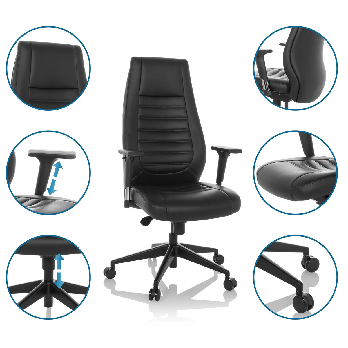Professionell chefsfåtölj VITORO B i svart med detaljvyer av armstöd, sits och gasfjäder från hjh OFFICE