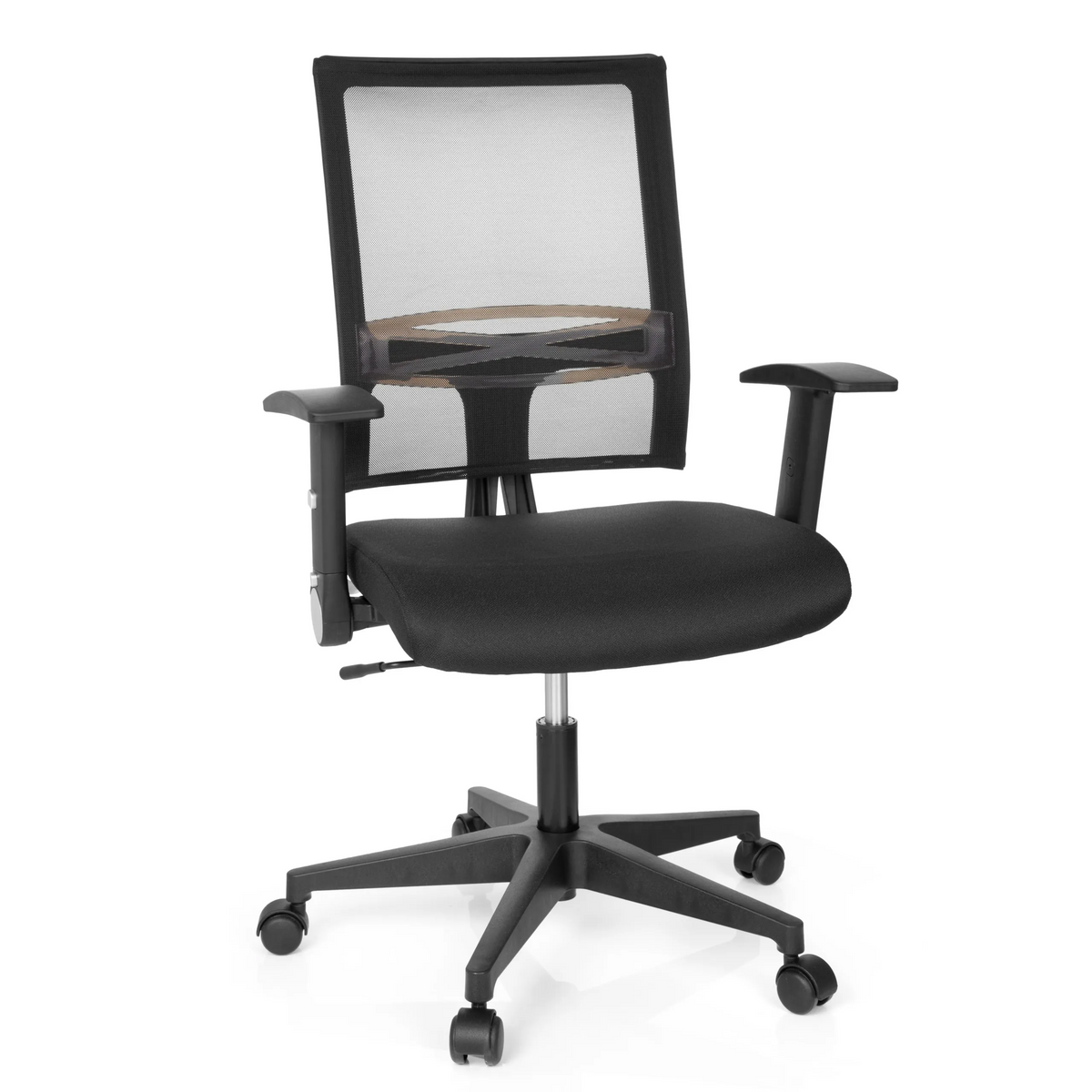 Svart Home Office kontorsstol OFFICE R8 med nätrygg och femhjulig fotkorsbas från hjh OFFICE – 360-gradersvy (framifrån 20°)