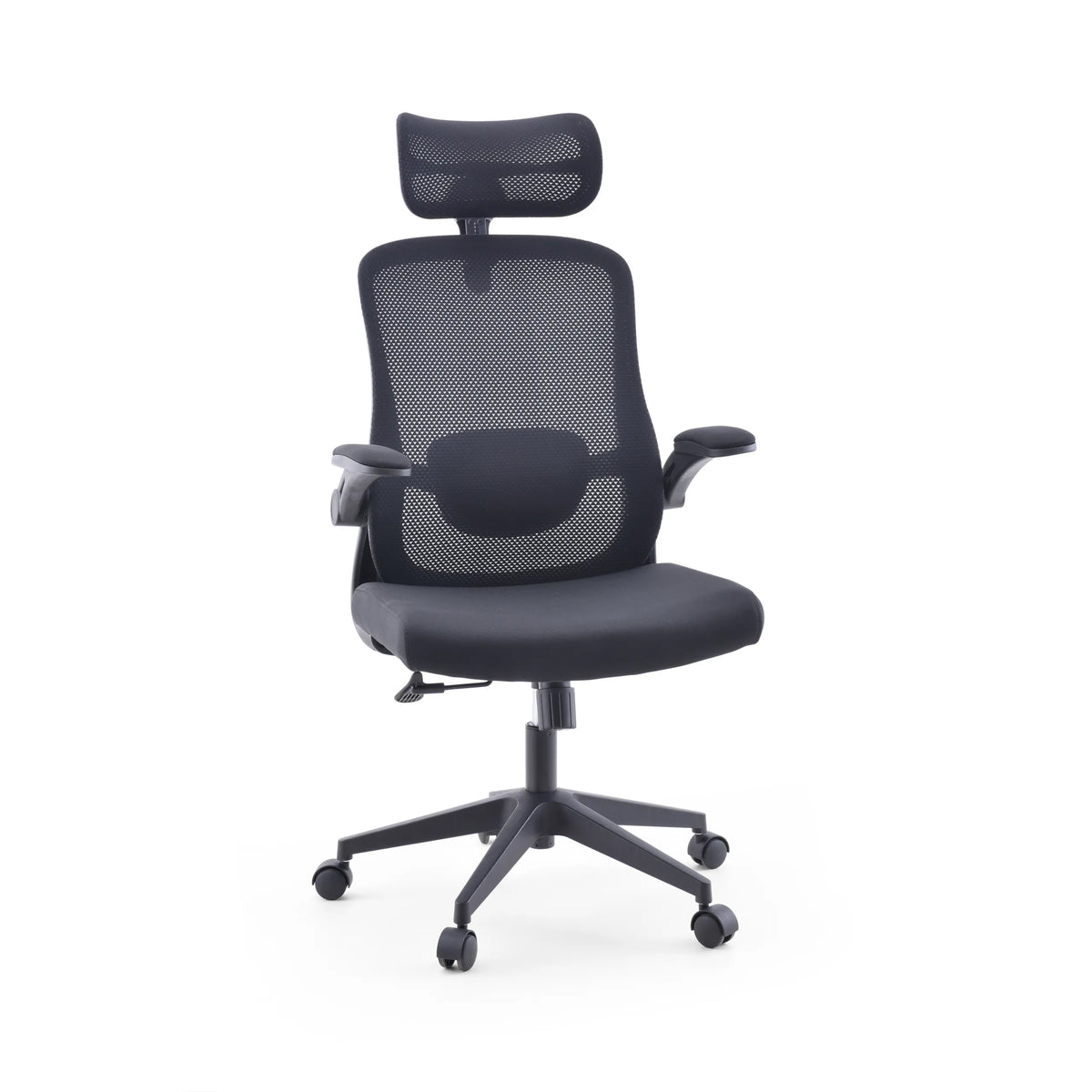 Svart Home Office kontorsstol Vertuflex med nätrygg och femkorsfot med hjul från MyBuero – 360-gradersvy (framifrån 15°)