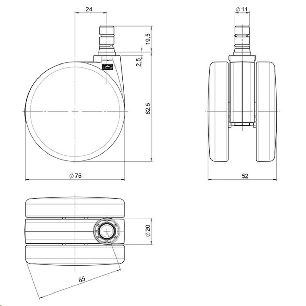 Teknisk ritning av hjulen 5x ROLO No-Noise 11mm/75mm med en diameter på 75 mm från hjh OFFICE