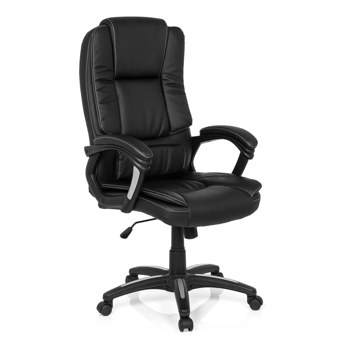Svart Home Office kontorsstol RELAX CL120 med vaddering och femstjärnig fotkorsbas med hjul från MyBuero – 360-gradersvy (snett framifrån 40°)