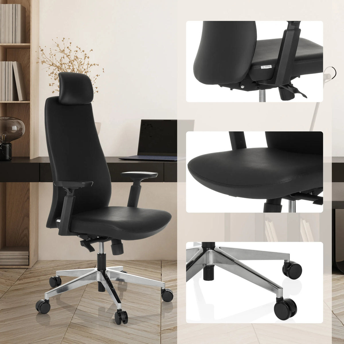 Professionell chefsfåtölj YUCANO I i svart med detaljbilder av sits, mekanism och fotkors från hjh OFFICE