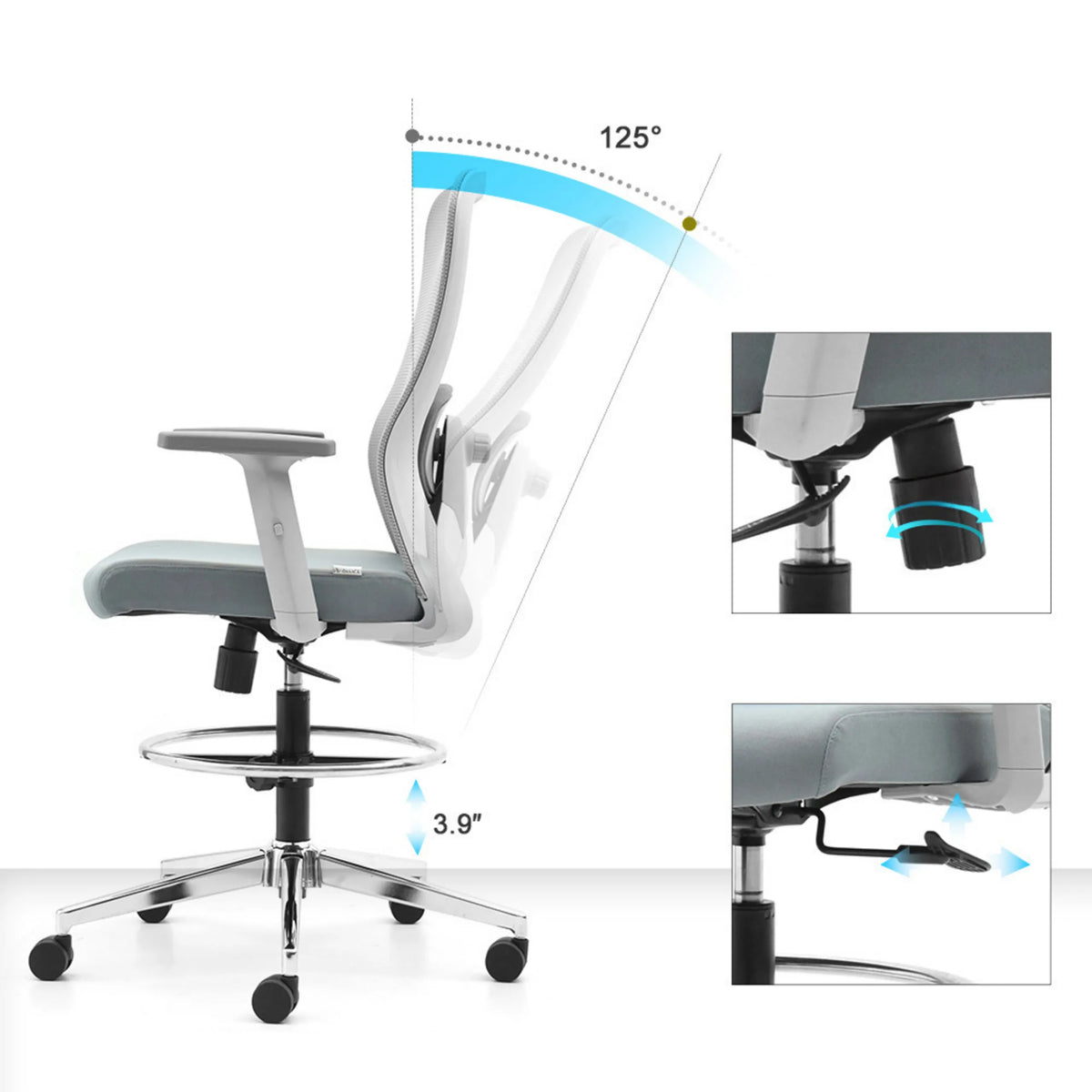 Justeringsmekanismer för Top Work 44 W bardiskstol med 125° rygglutning och 3.9" höjdjustering från hjh OFFICE