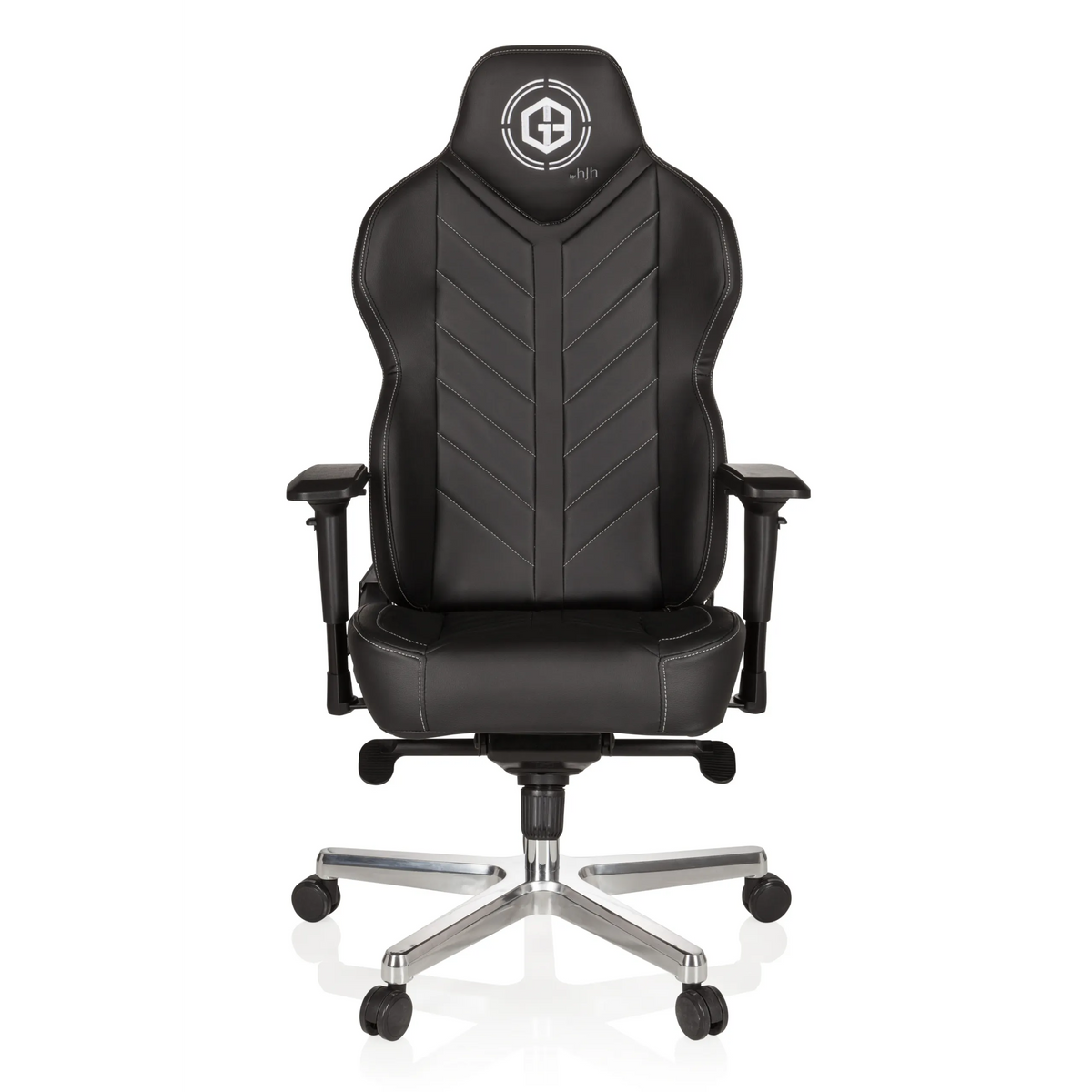 Svart Spelstol GAMEBREAKER COLOSSUS med armstöd och blankt femekrat underrede med hjul från hjh OFFICE – 360-gradersvy (framifrån 0°)