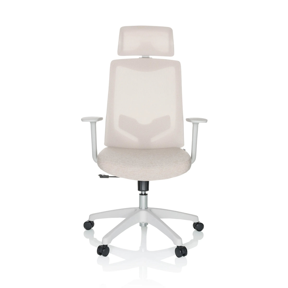 Beige Home Office kontorsstol MIKEO W med nackstöd och vitt femekrad underrede med hjul från hjh OFFICE – 360-gradersvy (framifrån 0°)