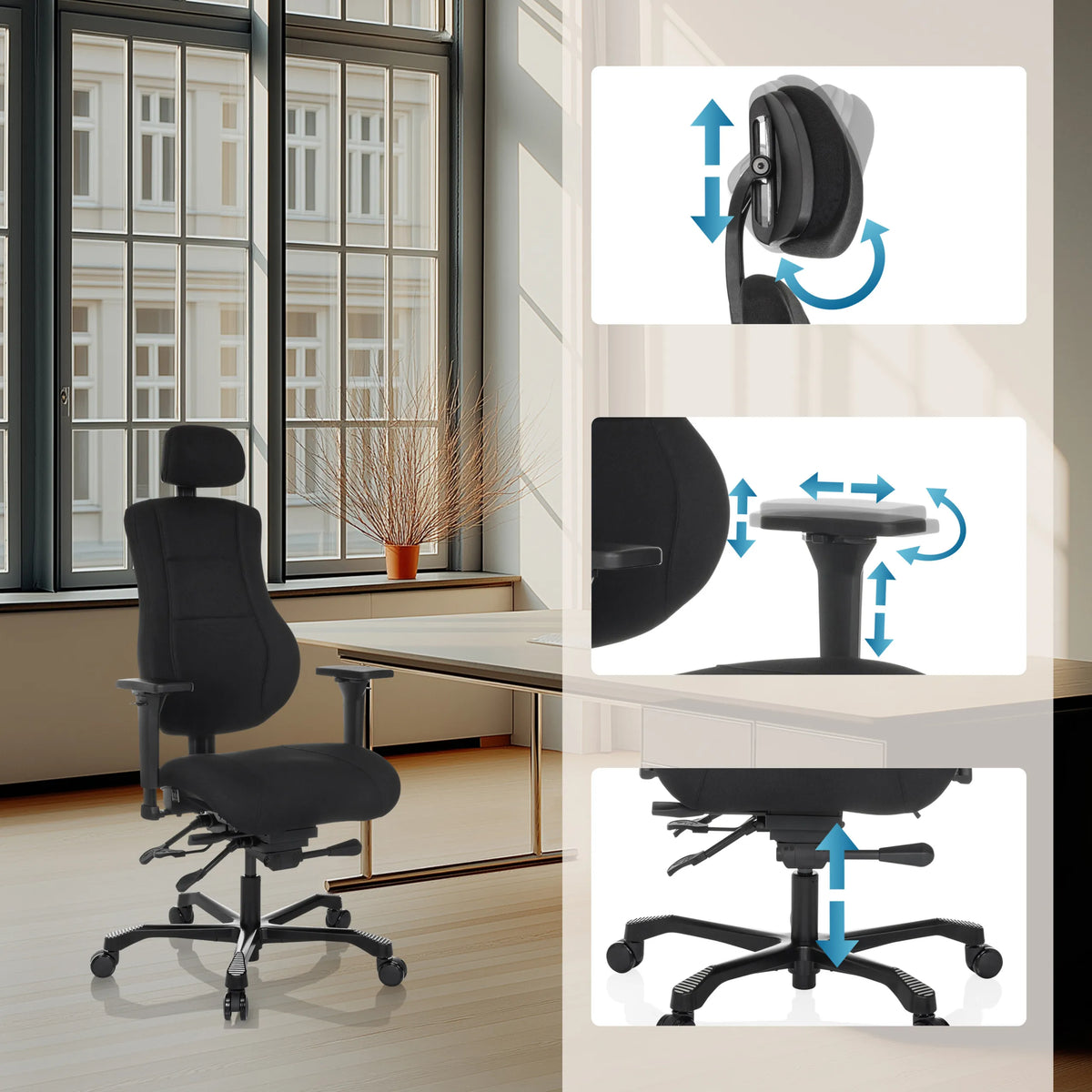 Justeringsmöjligheter för nackstöd, sitthöjd och gasfjäder på XXL snurrstolen 24 HOURS BASIC i svart från hjh OFFICE