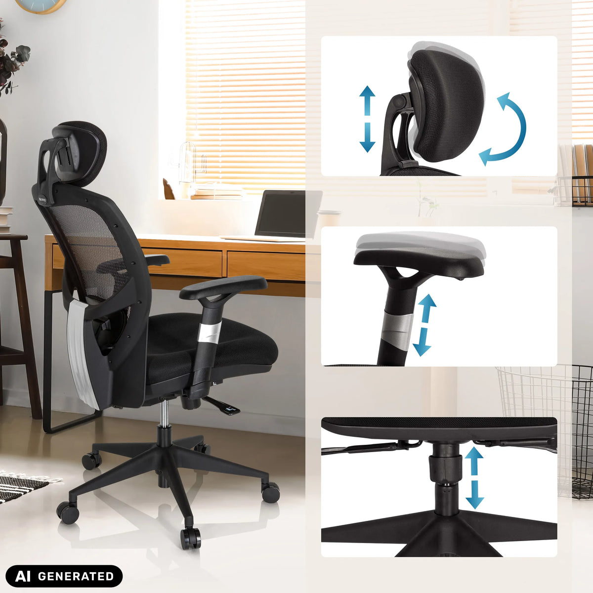 Justerbart nackstöd, armstöd och sitthöjd på hög kontorsstol VENUS BASE från hjh OFFICE (AI-genererad bild)