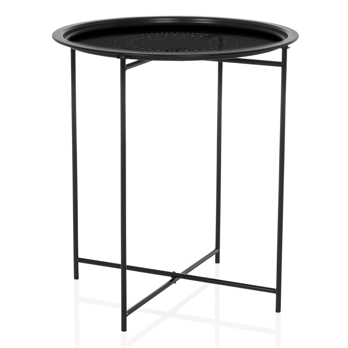 Svart sidobord ALLRUND i metall med rund perforerad skiva och korsfot från hjh LIVING – 360-gradersvy (framifrån 15°)