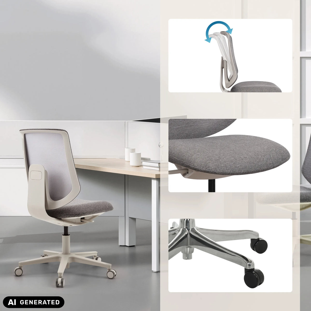 Grå Home Office kontorsstol Sitflex Lady med detaljer av ryggstöd, sits och hjul från hjh OFFICE (AI-genererad bild)
