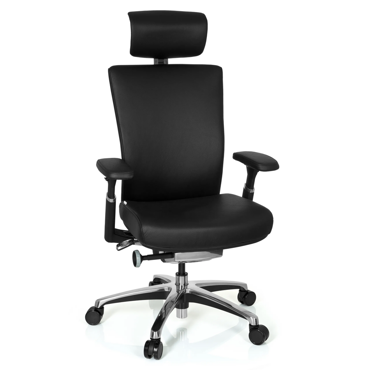 Svart Professionell kontorsstol NOVA i läder med nackstöd och femstjärnig fotkorsbas med hjul från hjh OFFICE – 360-gradersvy (framifrån 20°)