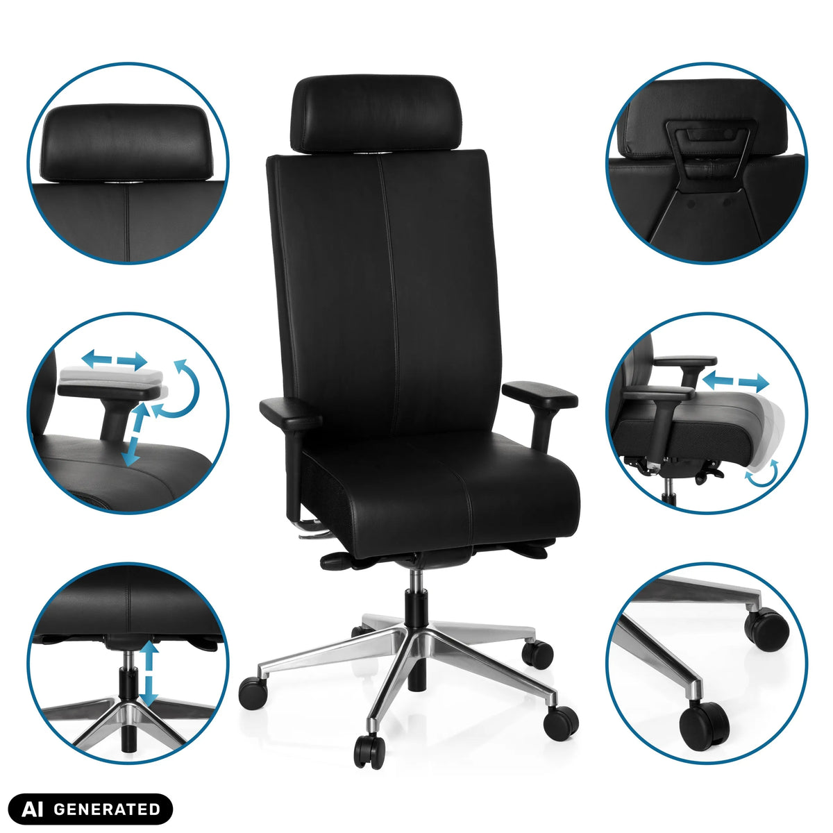 Justerbara funktioner på den professionella kontorsstolen PRO-TEC XXL i svart från hjh OFFICE (AI-genererad bild)