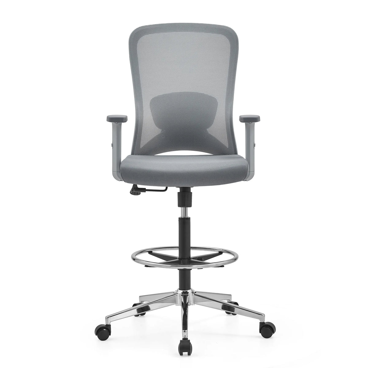 Grå Bardiskstol Top Work 44 W med nätrygg, fotring och femhjulig fotkorsbas från hjh OFFICE – 360-gradersvy (framifrån 0°)