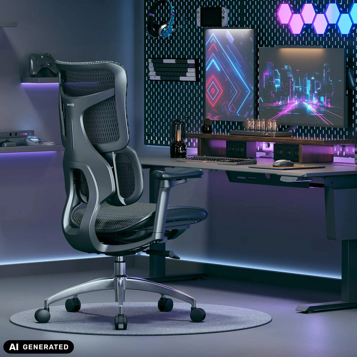 Svart professionell kontorsstol S100-M301 med nätryggstöd och armstöd i ett gamingrum från Sihoo (AI-genererad bild)