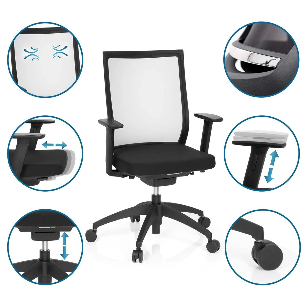 Svart Professionell kontorsstol ASPEN med justerbara armstöd och sitthöjd från hjh OFFICE