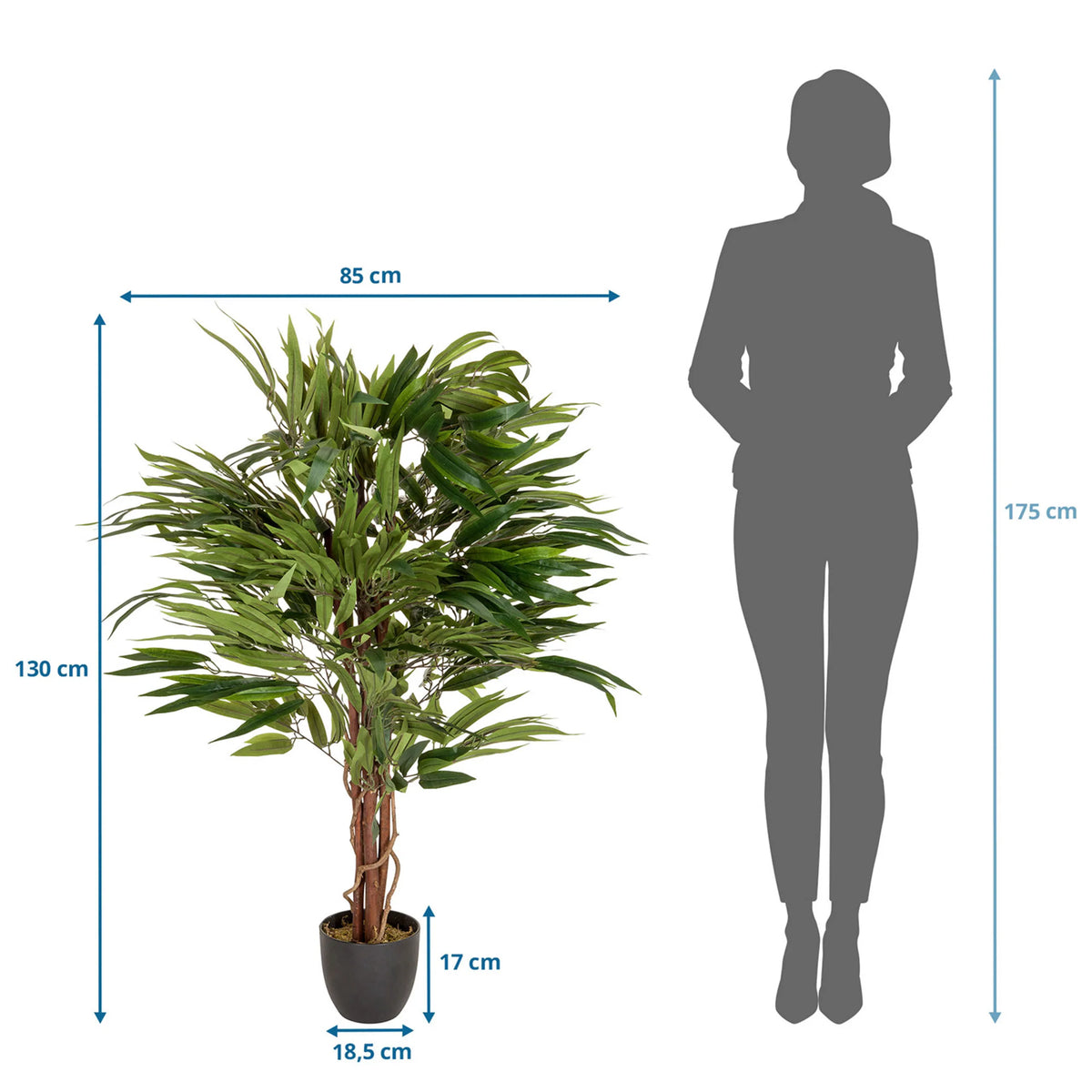 Måttskiss av Konstgjorda växter MANGO med en höjd på 130 cm och bredd på 85 cm från hjh OFFICE