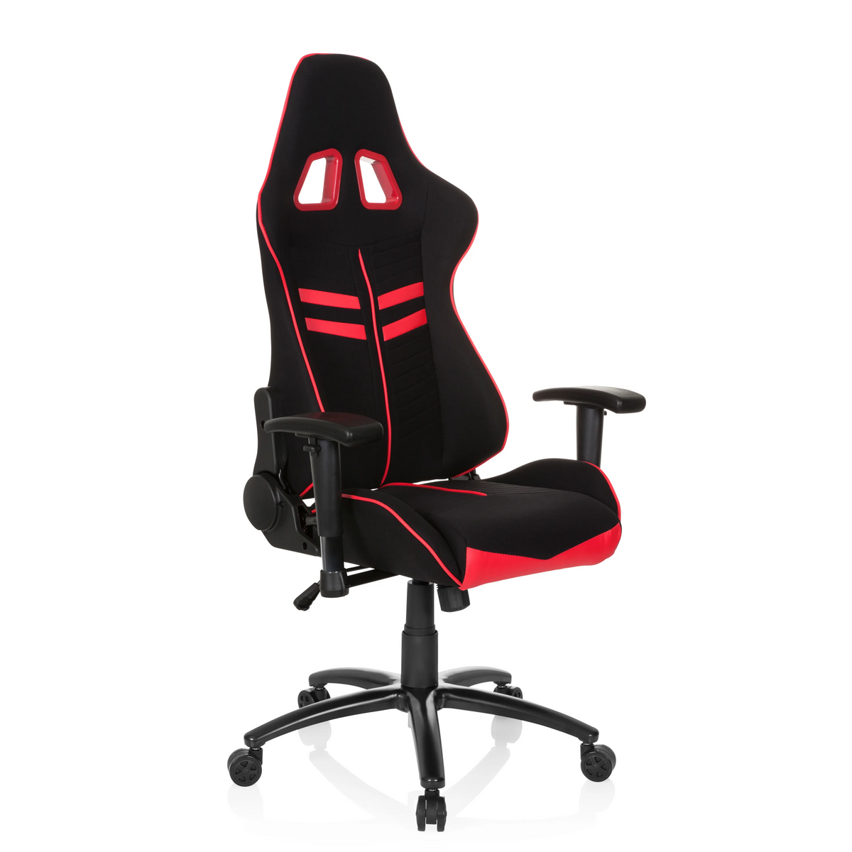 Schwarz-roter Gamingstuhl LEAGUE PRO I mit zwei Kopfstützen-Öffnungen und Fußkreuz mit fünf Rollen von hjh OFFICE – 360-Grad-Ansicht (schräge Frontansicht 40°)