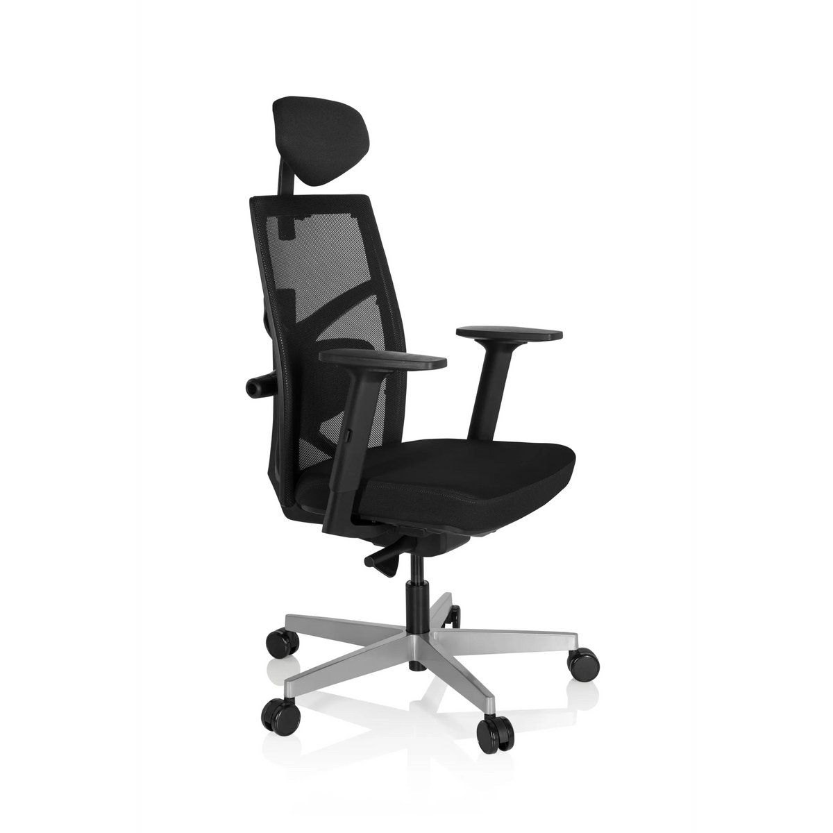 Svart Professionell kontorsstol BELLAC med nätrygg, nackstöd och femhjulig fotkorsbas från hjh OFFICE – 360-gradersvy (snett framifrån 60°)