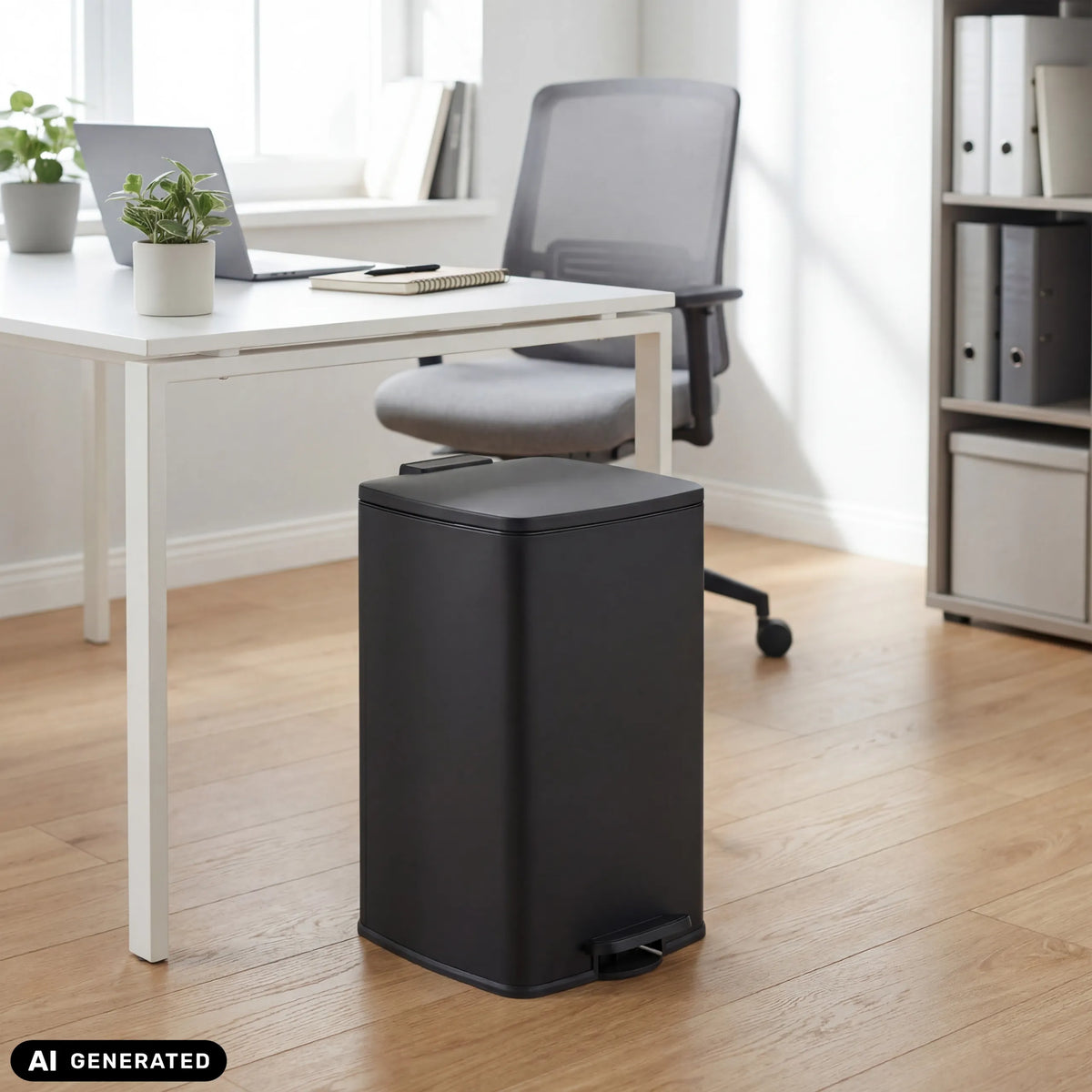 Svart papperskorg Clean Step 3 med 50 liters kapacitet och fotpedal från hjh OFFICE (AI-genererad bild)