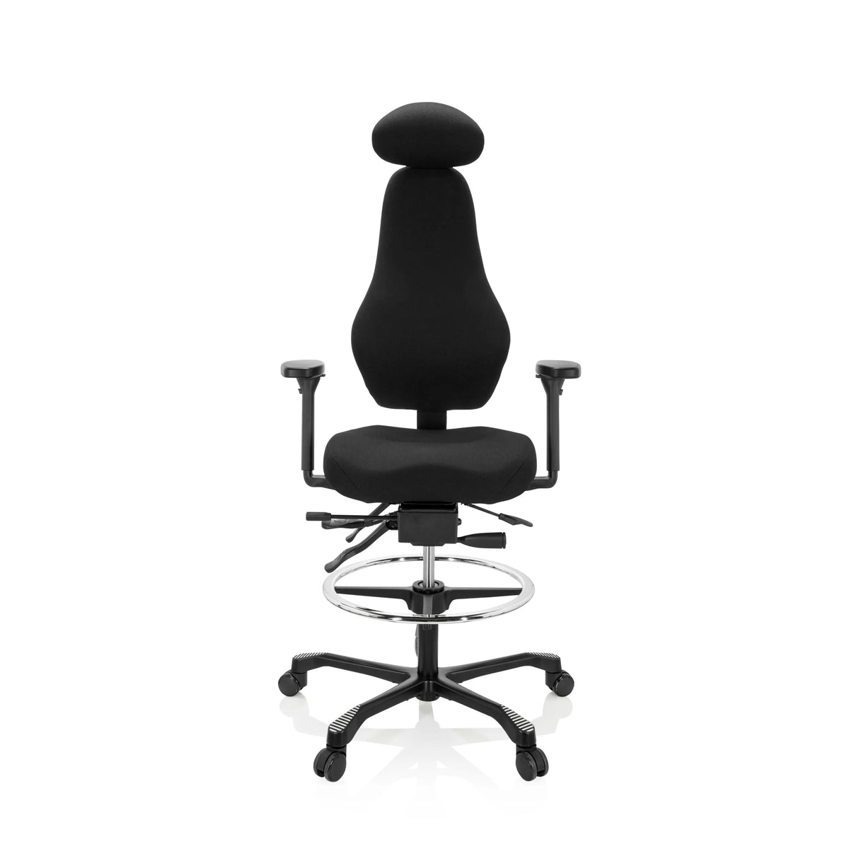 Svart Bardiskstol RESISTIO WORK med nackstöd, fotring och femstjärnig fotkorsbas med hjul från hjh OFFICE – 360-gradersvy (framifrån 0°)