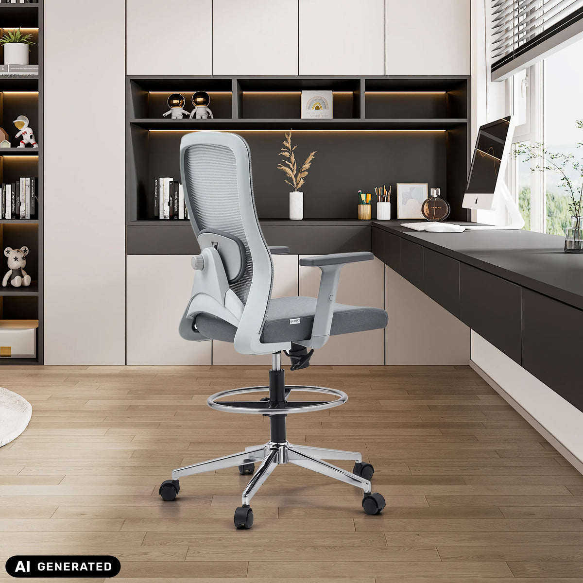 Grå Top Work 44 W bardiskstol med fotring och nätryggstöd från hjh OFFICE (AI-genererad bild)