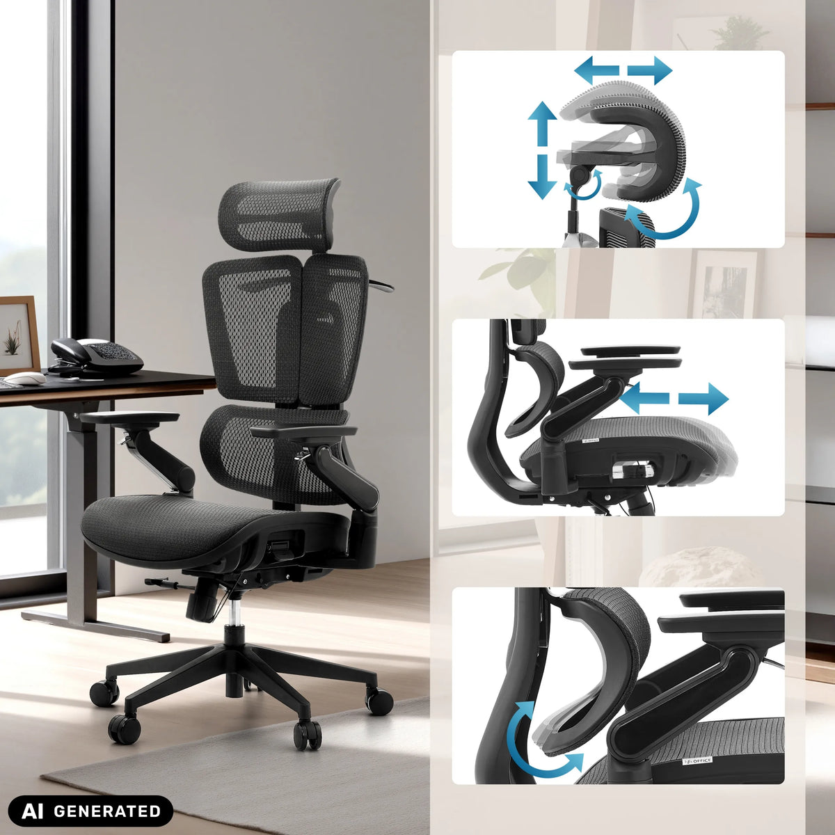 Justerbart nackstöd och armstöd på den professionella kontorsstolen Ergo U2 Pro3 från hjh OFFICE (AI-genererad bild)