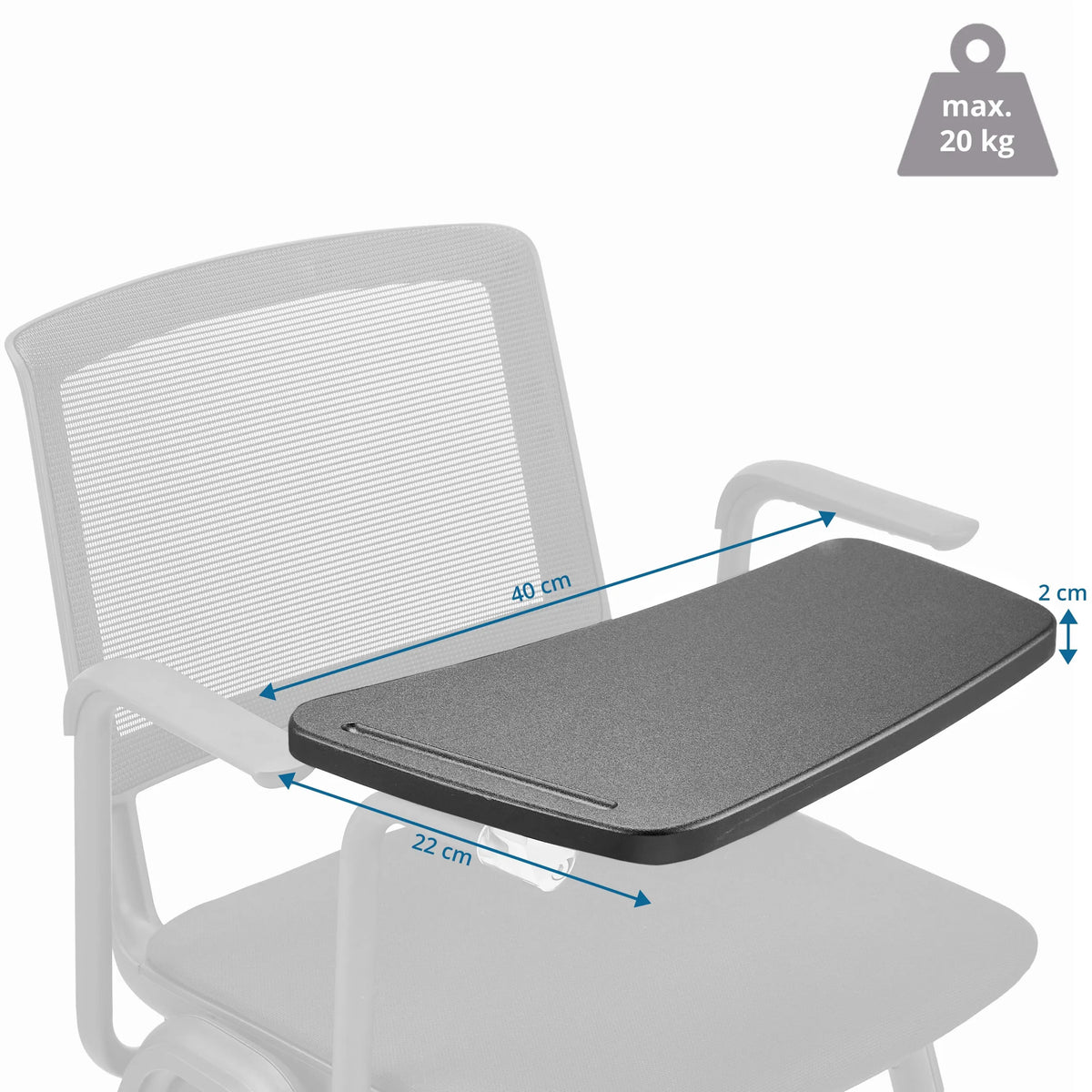 Måttvy av skrivplattan MEET WA med 40 × 22 cm och maximal belastning på 20 kg från hjh OFFICE