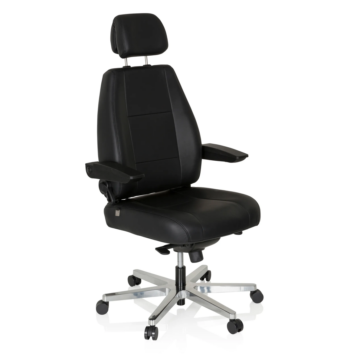 Svart XXL snurrstol 24 HOURS i läder med nackstöd och femhjulig fotkorsbas från hjh OFFICE – 360-gradersvy (snett framifrån 40°)