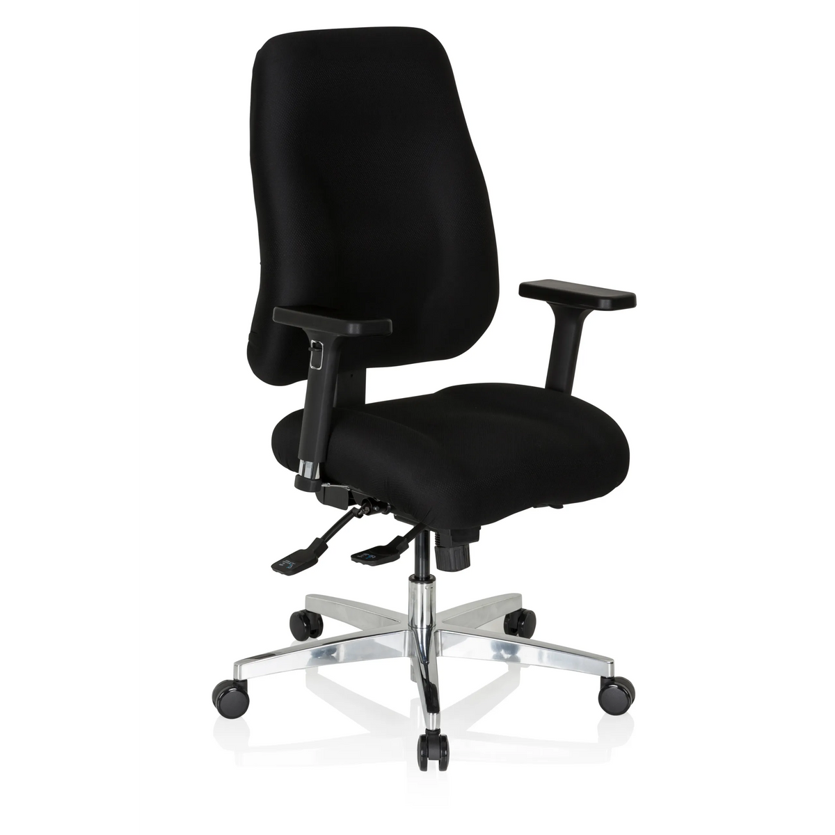 Svart Professionell kontorsstol ZENIT COMFORT med armstöd och femhjulig fotkorsbas från hjh OFFICE – 360-gradersvy (snett framifrån 40°)