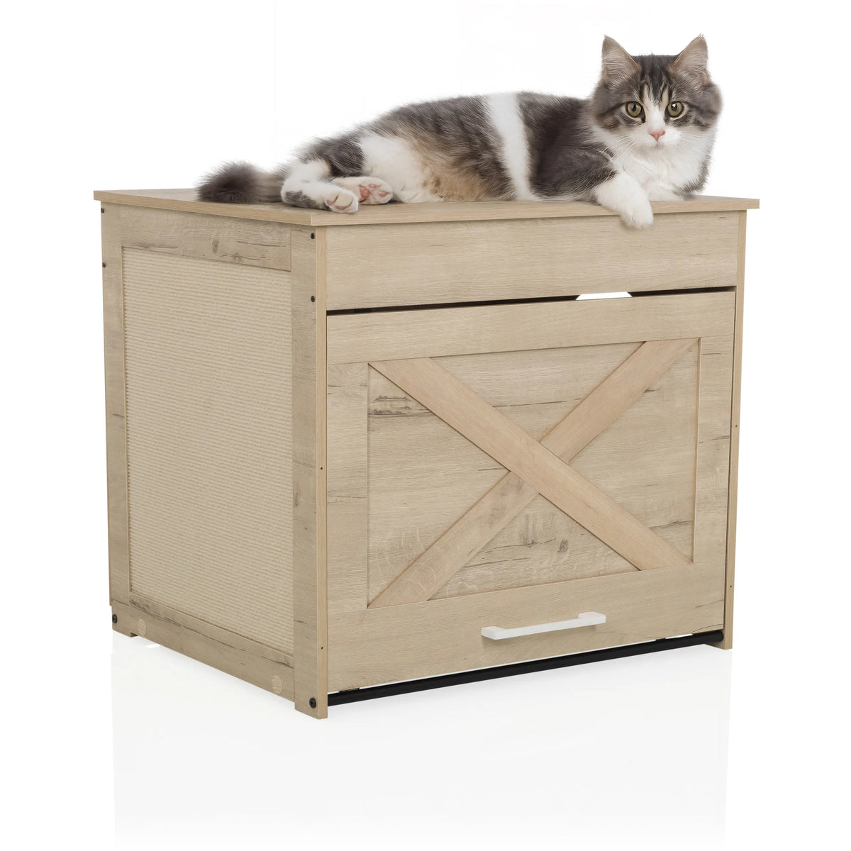Katthus KITTY PAWBOX 1 i eklook med en liggande katt på ovansidan från hjh LIVING
