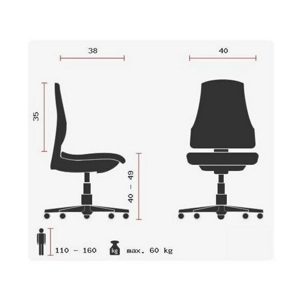 Teknisk ritning av Snurrstol för barn MAXX KID med en sitthöjd på 40 till 49 cm från Topstar