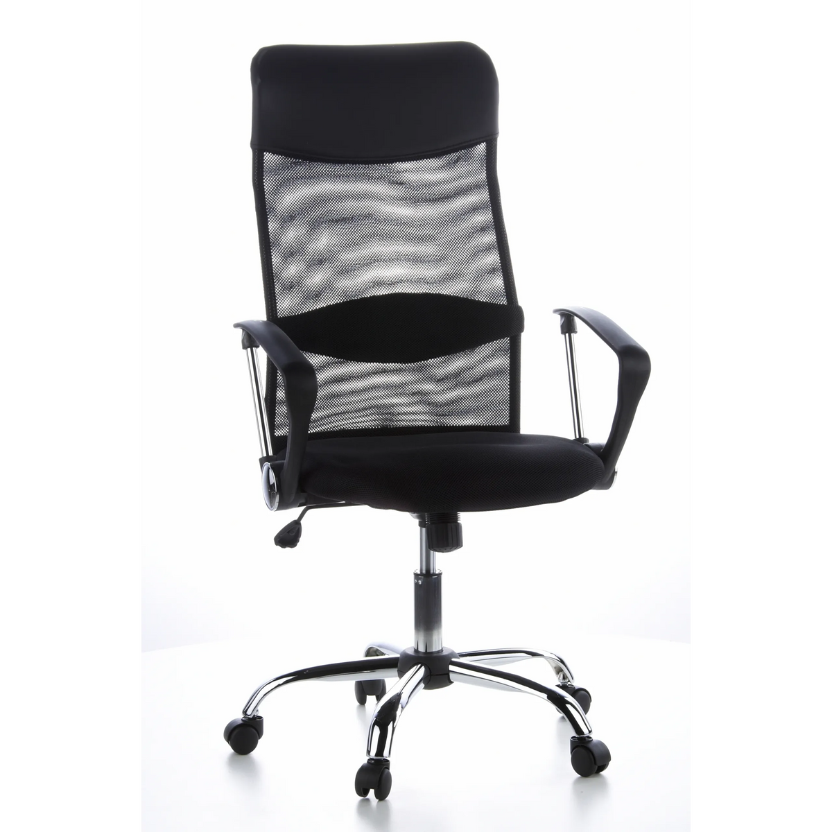 Svart Home Office chefsfåtölj ARIA HIGH med nätrygg och femhjulig fotkorsbas från hjh OFFICE – 360-gradersvy (framifrån 20°)
