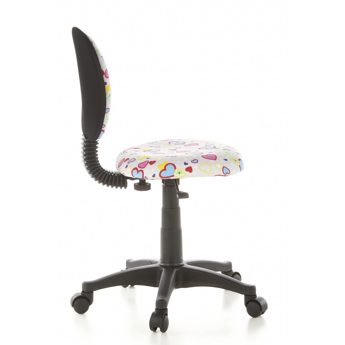 Snurrstol för barn KIDDY TOP med färgglatt hjärt- och blommönster samt femhjulig fotkorsbas från hjh OFFICE – 360-gradersvy (sidoprofil 100°)