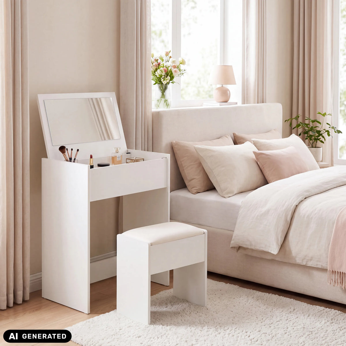 Glamdesk Sminkspegel i vitt med matchande pall från hjh LIVING (AI-genererad bild)