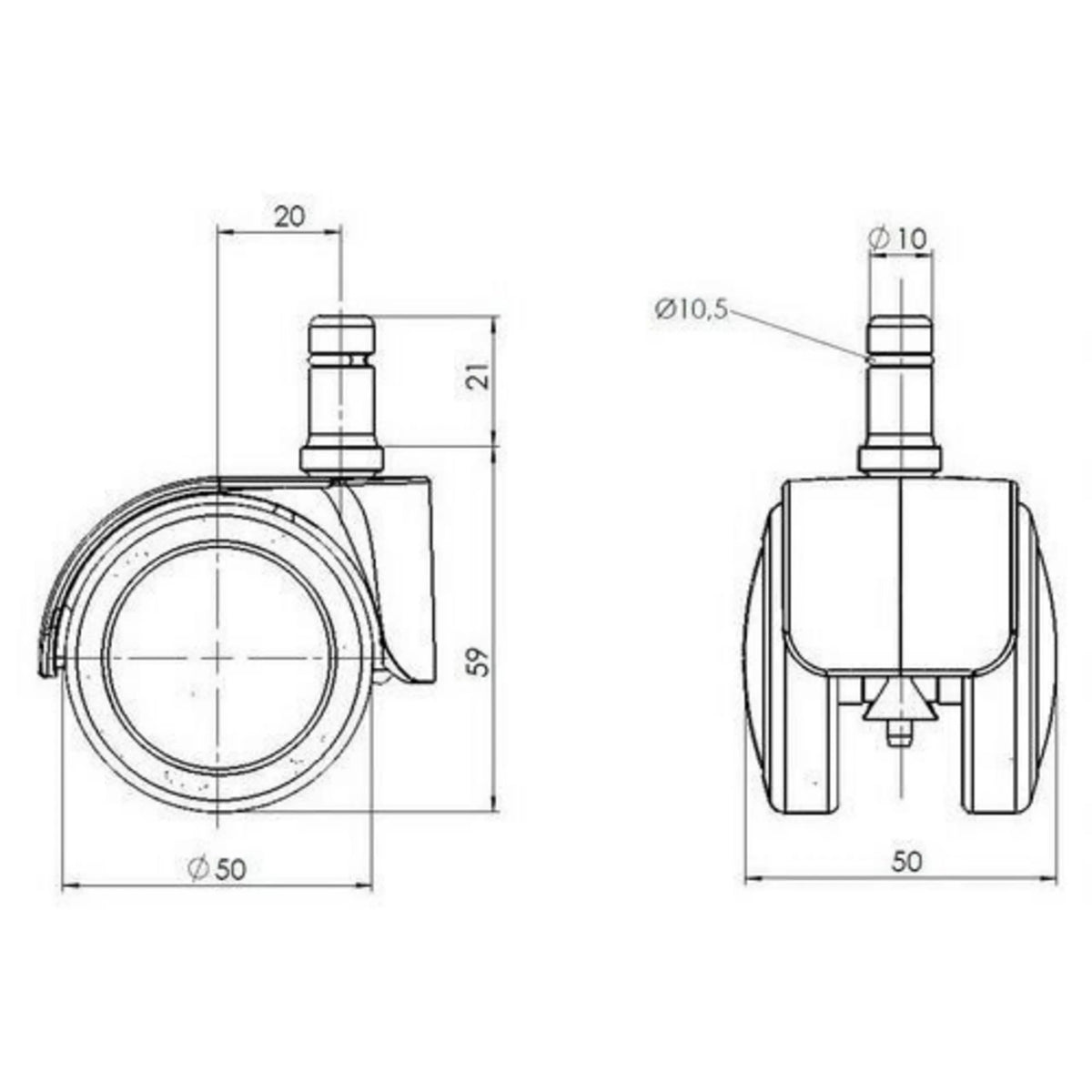 Teknisk ritning av Stol på hjul 5x ROLO LUX 10mm/50mm med en diameter på 50 mm från hjh OFFICE