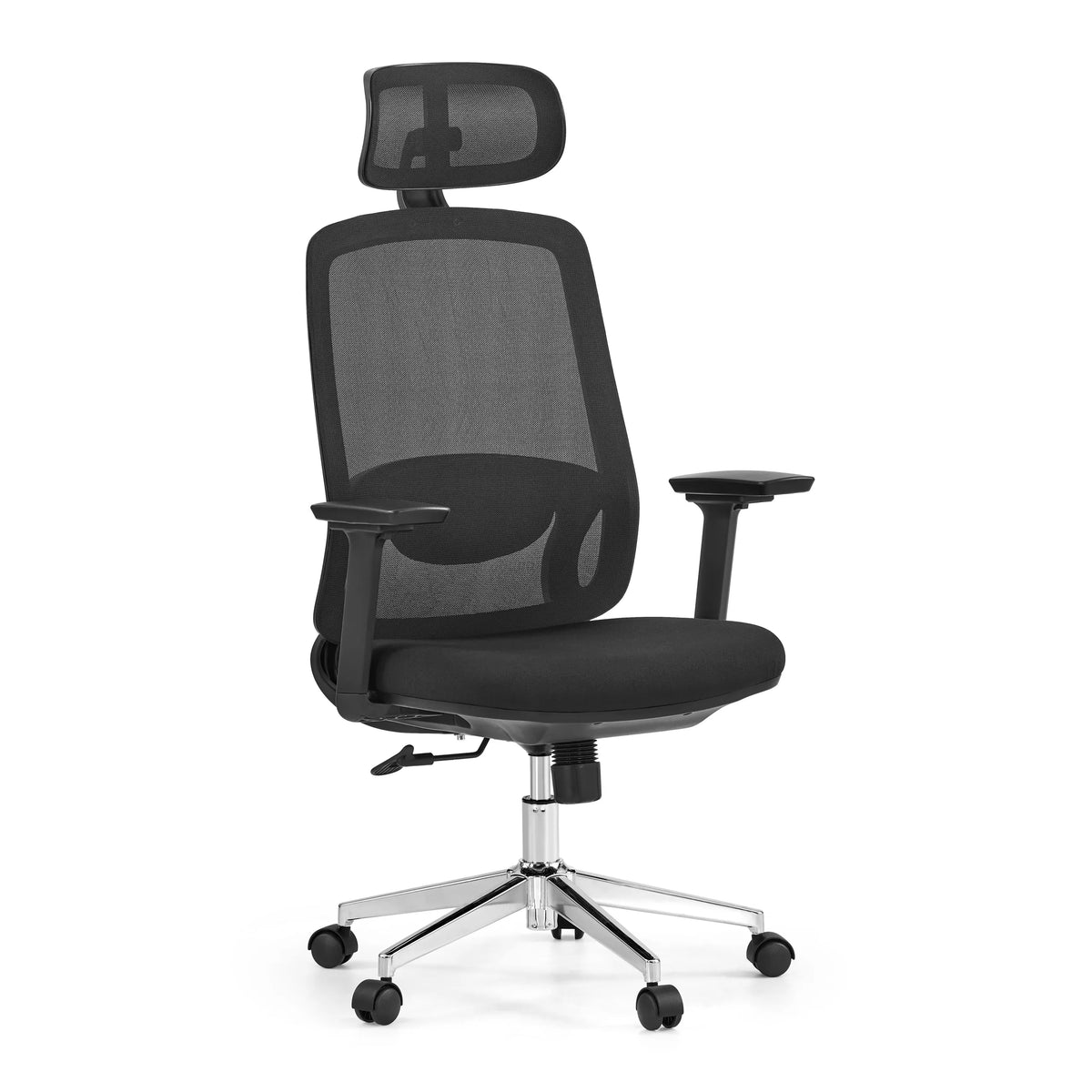 Svart professionell kontorsstol Ergosento med nätrygg, nackstöd och en femstjärnig fotkorsbas med hjul från hjh OFFICE – 360-gradersvy (snett framifrån 30°)