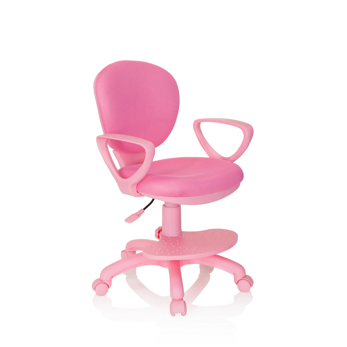 Rosa Snurrstol för barn KID COLOUR med armstöd och femhjulig fotkorsbas från hjh OFFICE – 360-gradersvy (snett framifrån 40°)