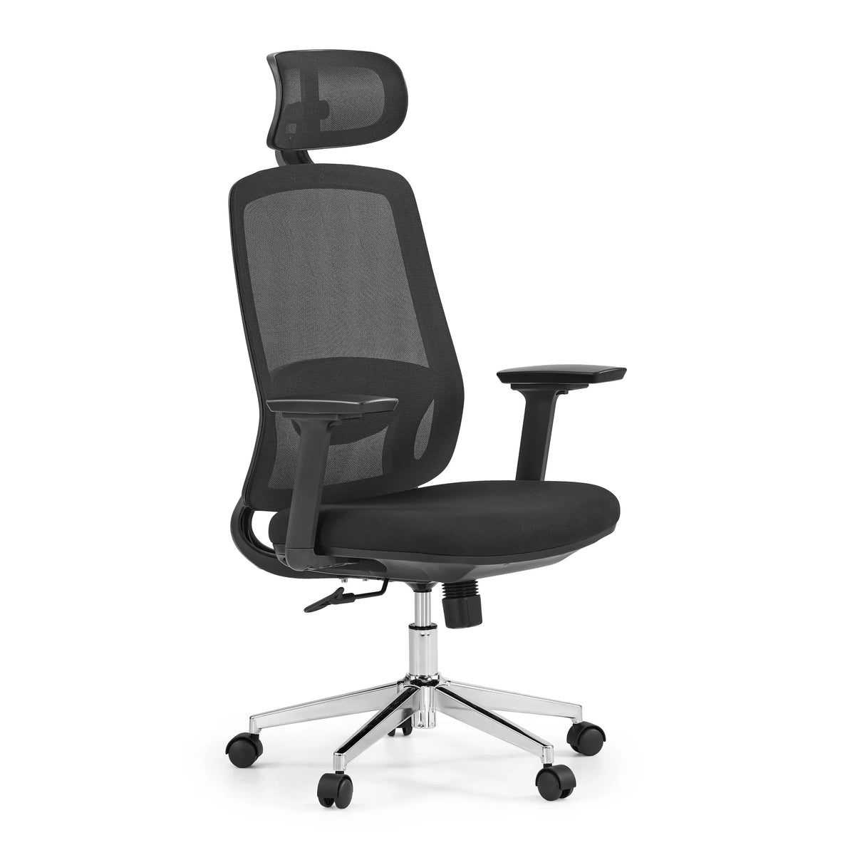 Svart professionell kontorsstol Ergosento med nätrygg, nackstöd och en femstjärnig fotkorsbas med hjul från hjh OFFICE – 360-gradersvy (snett framifrån 45°)