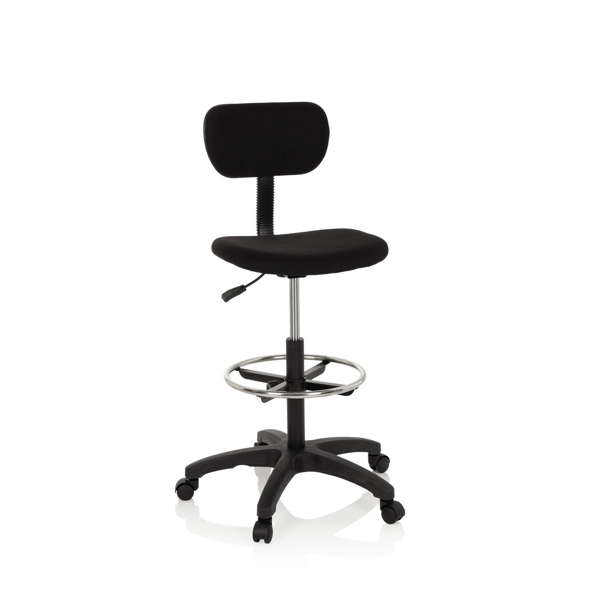 Svart Bardiskstol TOP WORK 05 med fotring och femstjärnig fotkorsbas med hjul från hjh OFFICE – 360-gradersvy (framifrån 20°)