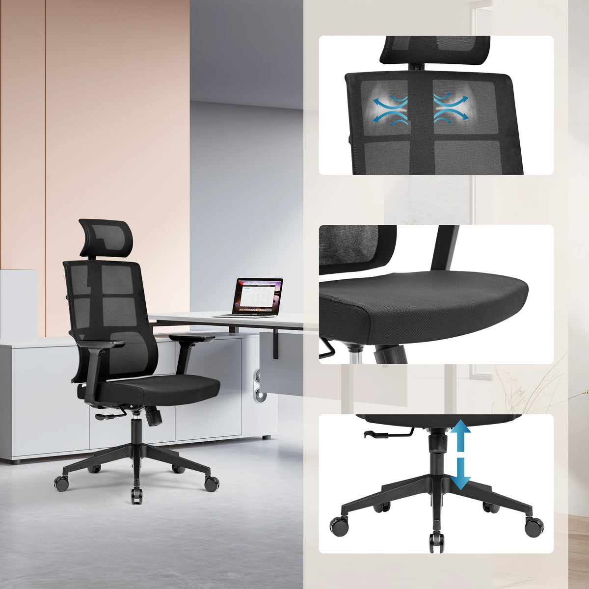 Professionell kontorsstol SPINIO PRO i svart med nätrygg, sits och höjdjusterbart underrede från hjh OFFICE