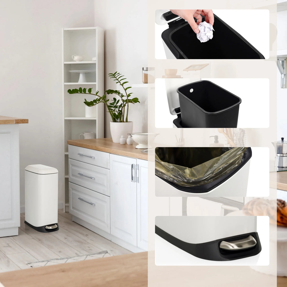 Vit papperskorg CLEAN SLIM med svart innerhink, sopsäck och fotpedal från hjh OFFICE