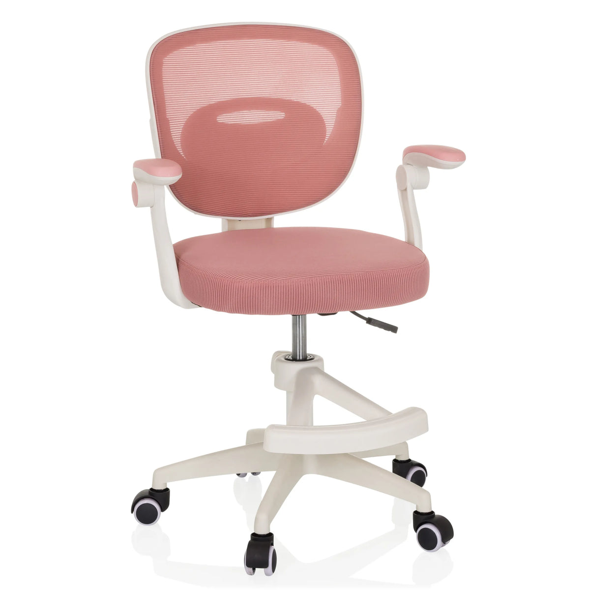 Rosa Snurrstol för barn KIDDY SMART med nätrygg och femhjulig stjärnfot från hjh OFFICE – 360-gradersvy (framifrån 15°)