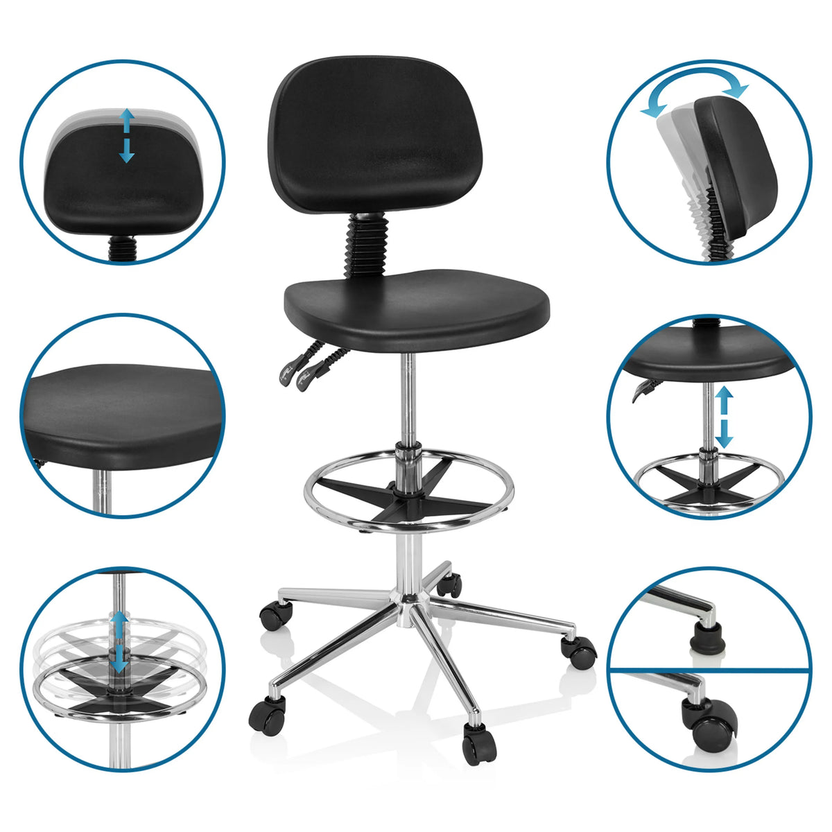 Justerbara funktioner för Bardiskstol TOP WORK 24 I i svart med fotring och hjul från hjh OFFICE