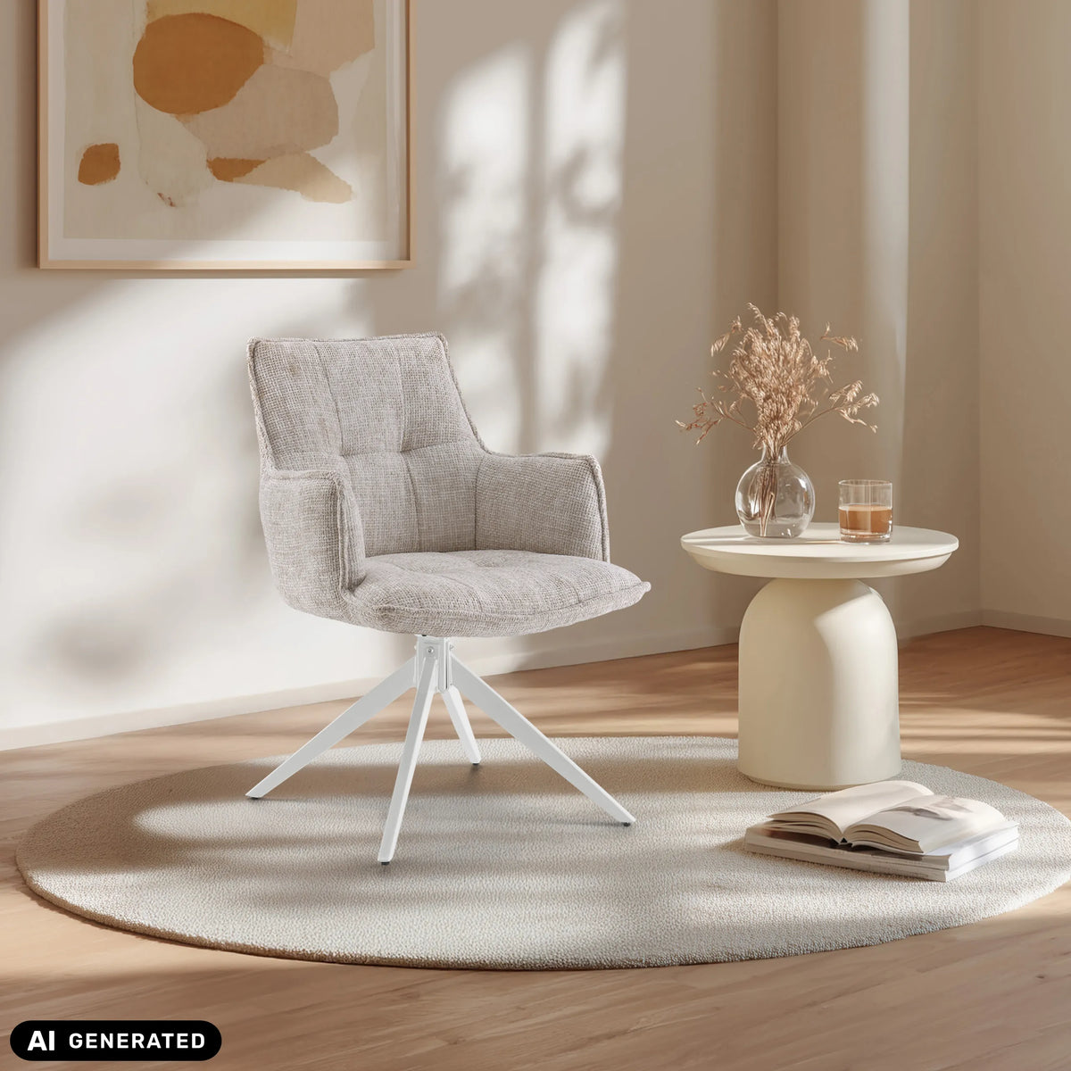 Beige Tavaro matstol med vit stjärnfot på en rund matta från hjh LIVING (AI-genererad bild)