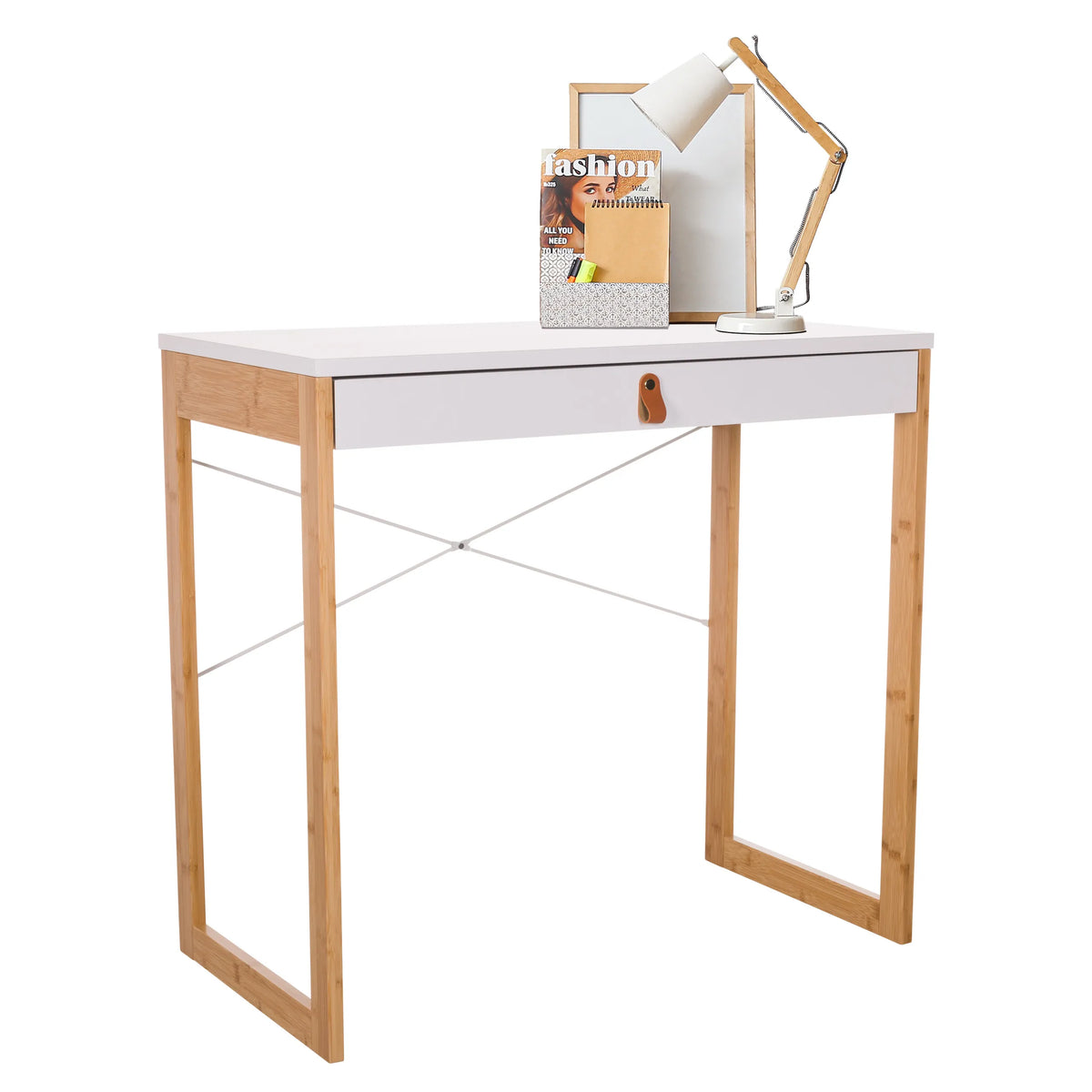 Vitt skrivbord TAROLO II med en låda och stomme i bambu från hjh LIVING