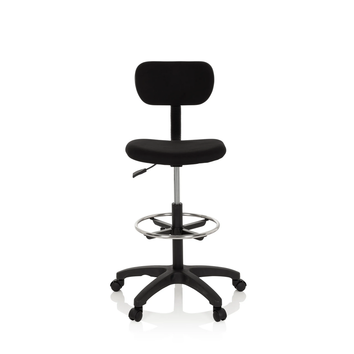 Svart Bardiskstol TOP WORK 05 med fotring och femstjärnig fotkorsbas med hjul från hjh OFFICE – 360-gradersvy (framifrån 0°)