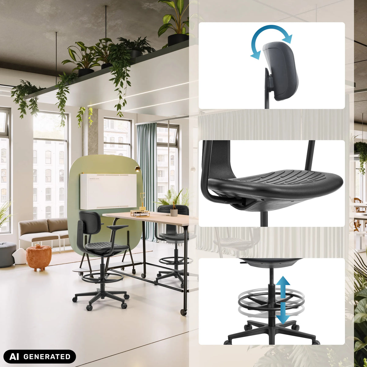 Funktionella detaljer för TOP WORK B1 bardiskstol med fotring och justerbar höjd från hjh OFFICE (AI-genererad bild)