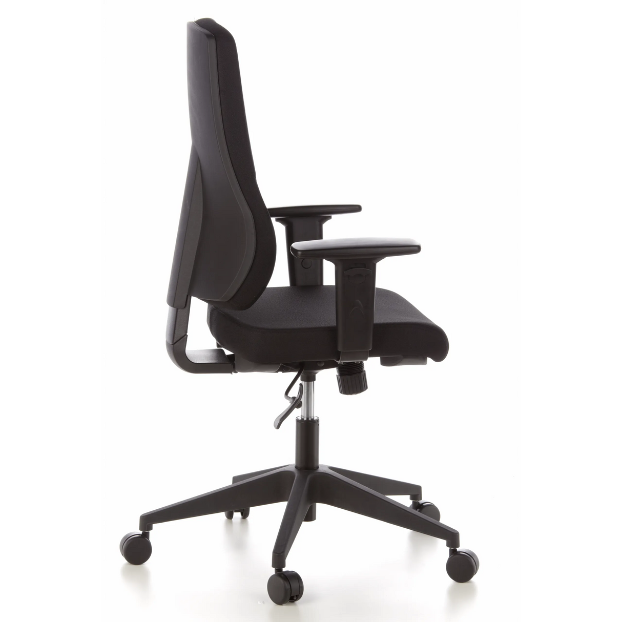 Svart Professionell kontorsstol PRO-TEC 100 med armstöd och femhjulig stjärnfot från hjh OFFICE – 360-gradersvy (sidoprofil 100°)