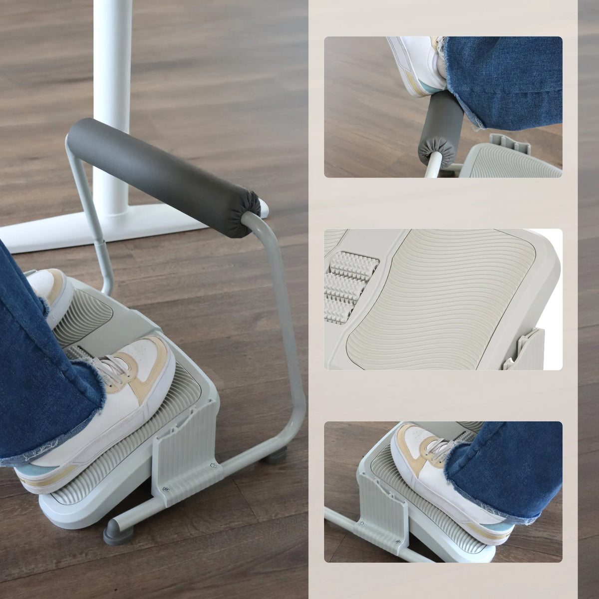 PODI FMW fotstöd i ljusgrått med halkfri profil och en vadderad massagerulle från hjh OFFICE